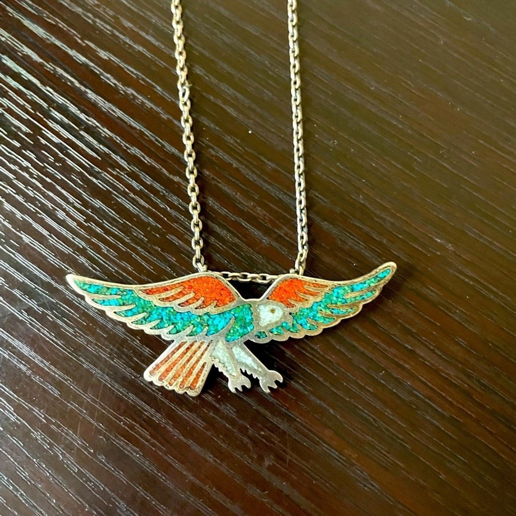 Vintage Silver Turquoise Coral Eagle Necklace