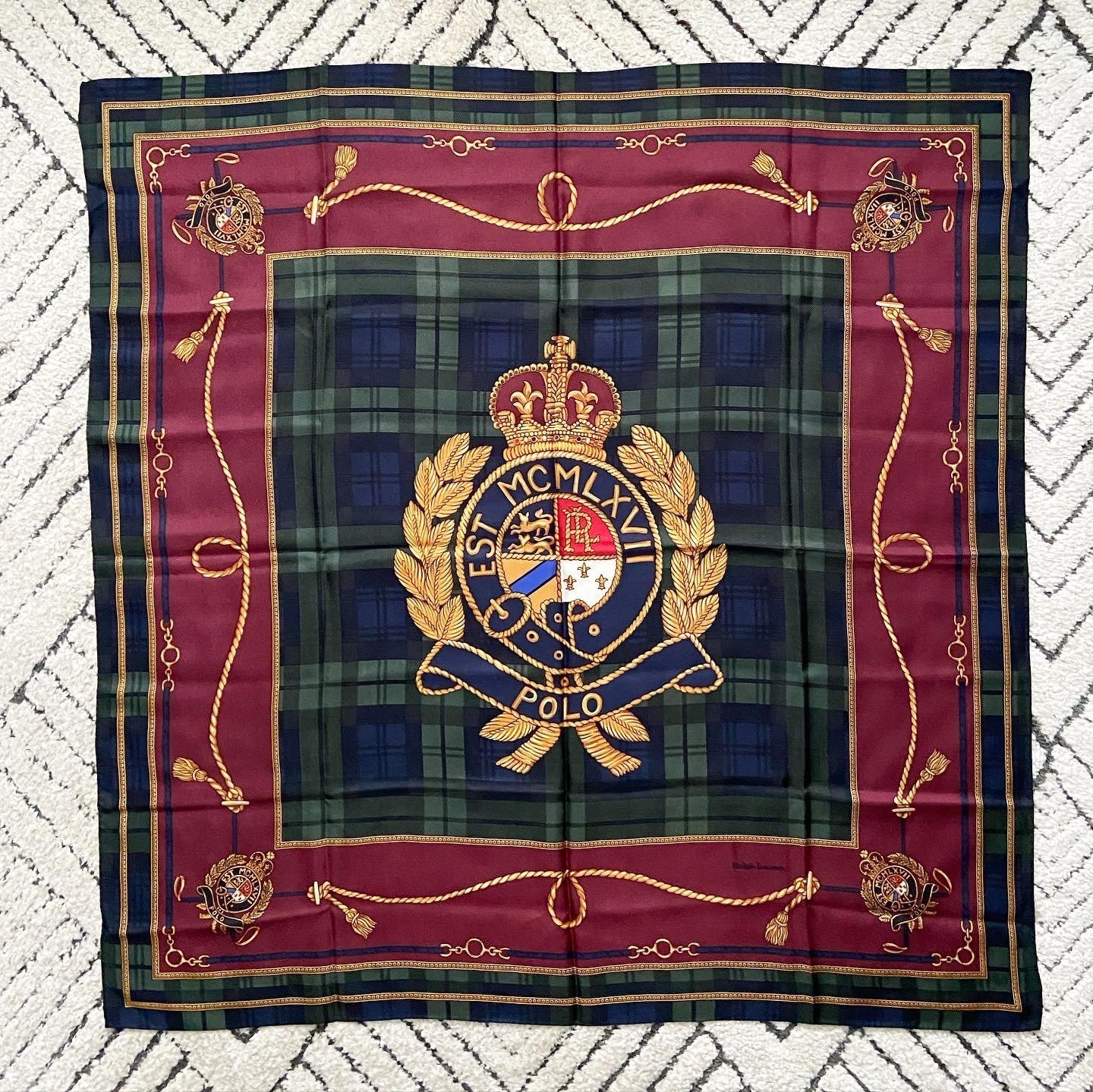 Rare Polo Ralph Lauren Crest Silk Scarf, Size is 35”.