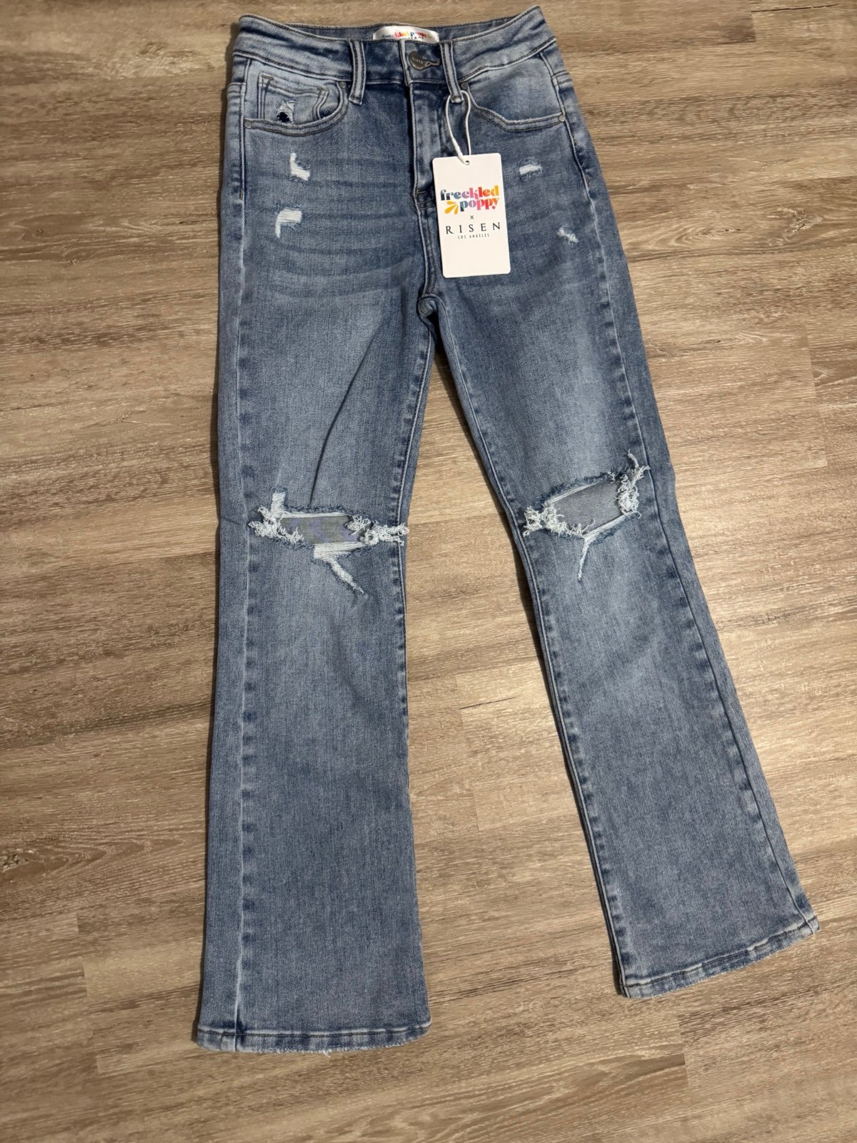Risen High Rise Medium Wash Distressed Knee Ankle Flare Jeans