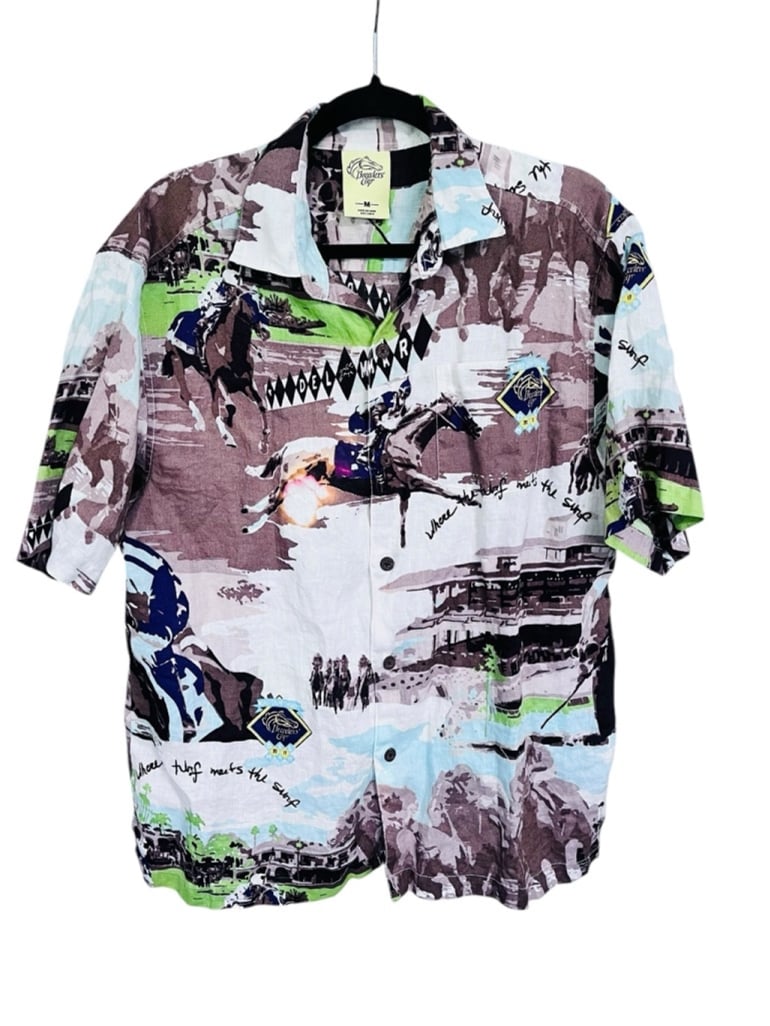 Breeders Cup Linen Del Mar Race Horse Race Short Sleeve Button Shirt Size Medium