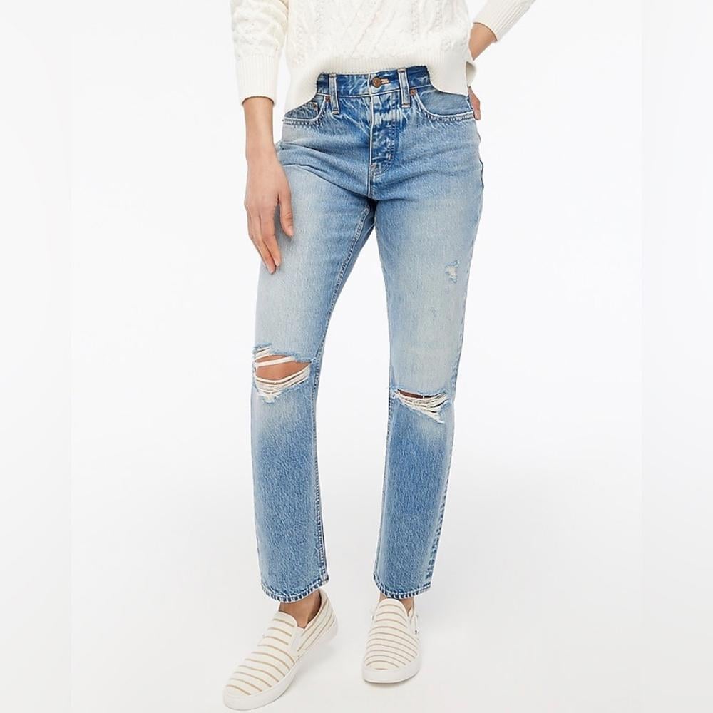 NWT J. Crew Premium Slim Boyfriend Mid High Rise Distressed Jeans Size 27