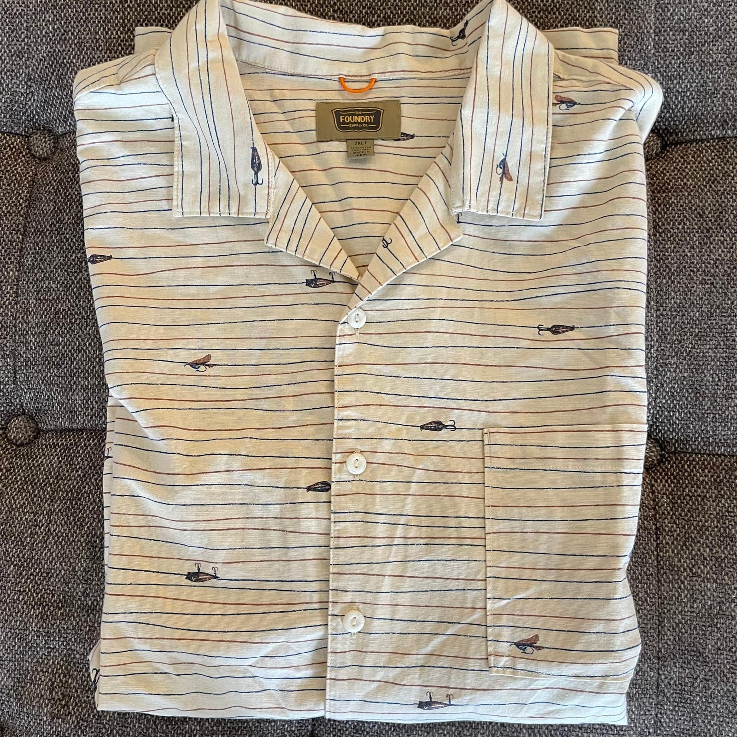 Foundry button down shirt men's 2XLT short sleeves stripes tan fishing hooks