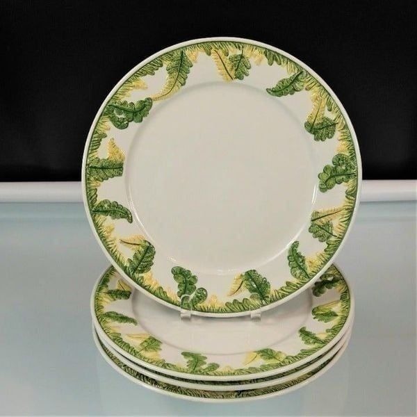 Vintage Italian Dinner Plates Set Of 4 Green Garden Ferns Flower Bud Cottagecore