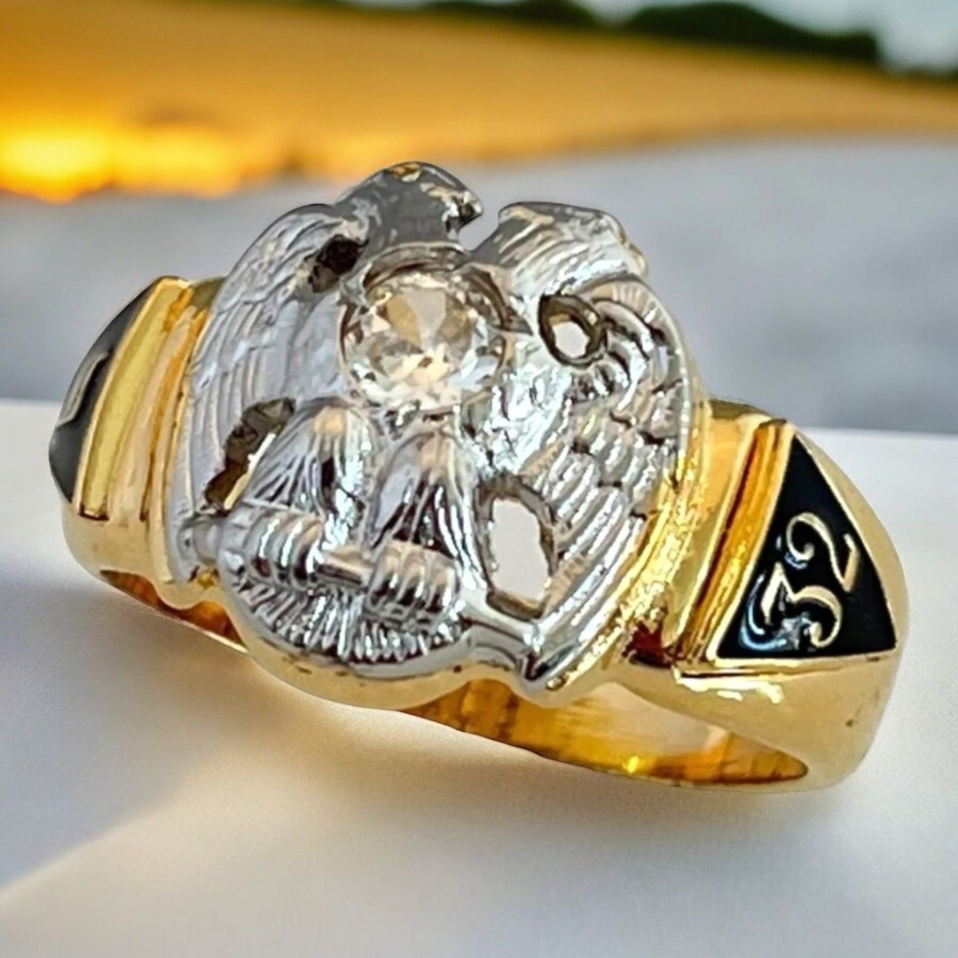 Vintage Masonic Ring Size 7 14K Gold Plate Freemason 32nd degree CZ 14A
