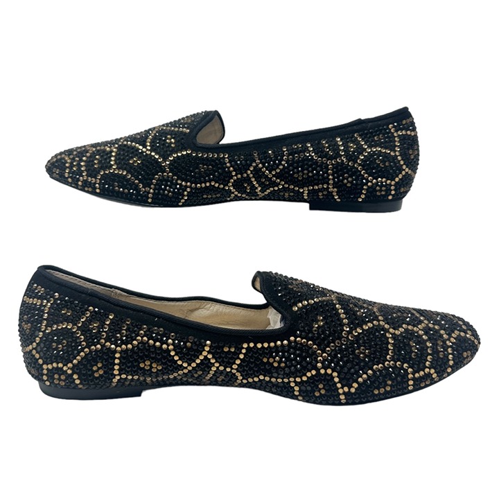 Steven by Steven Madden 10M Madee-R Slip On Flat Loafers Black Gold Rhinestones