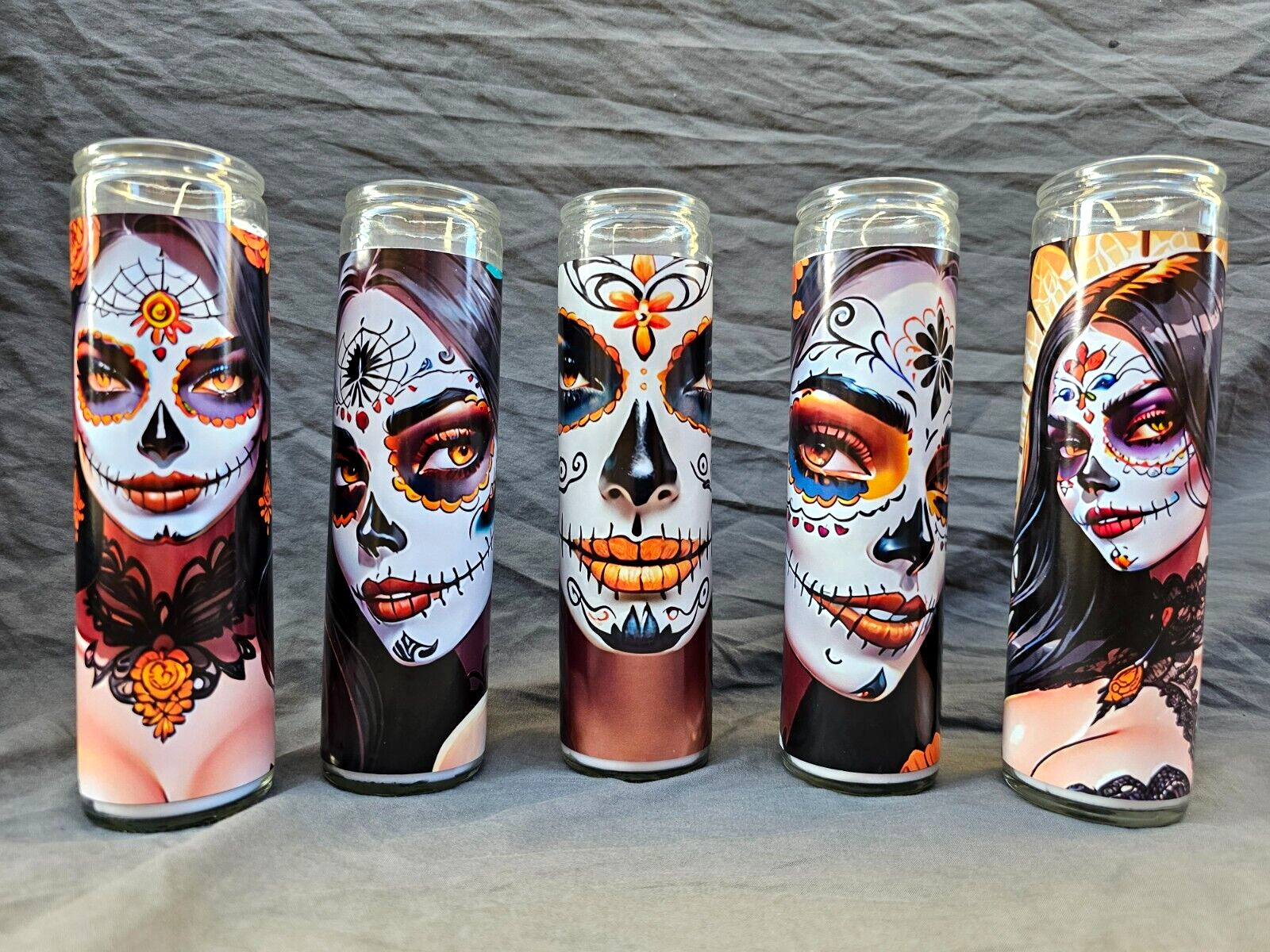 Lot Of (5) Dia De Los Muertos / Day Of The Dead / Halloween 8 Tall Candles Set2