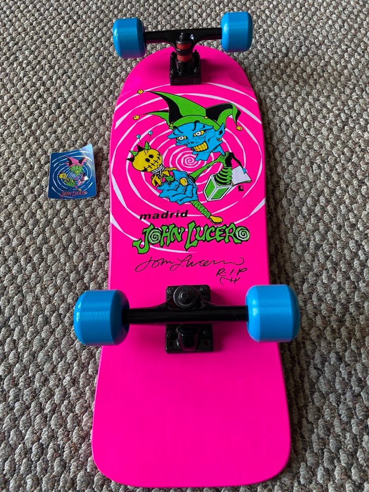 John Lucero Pro Skateboard Jester Signed 30 x10 Neon Pink Blue Fly Wheels Reiss