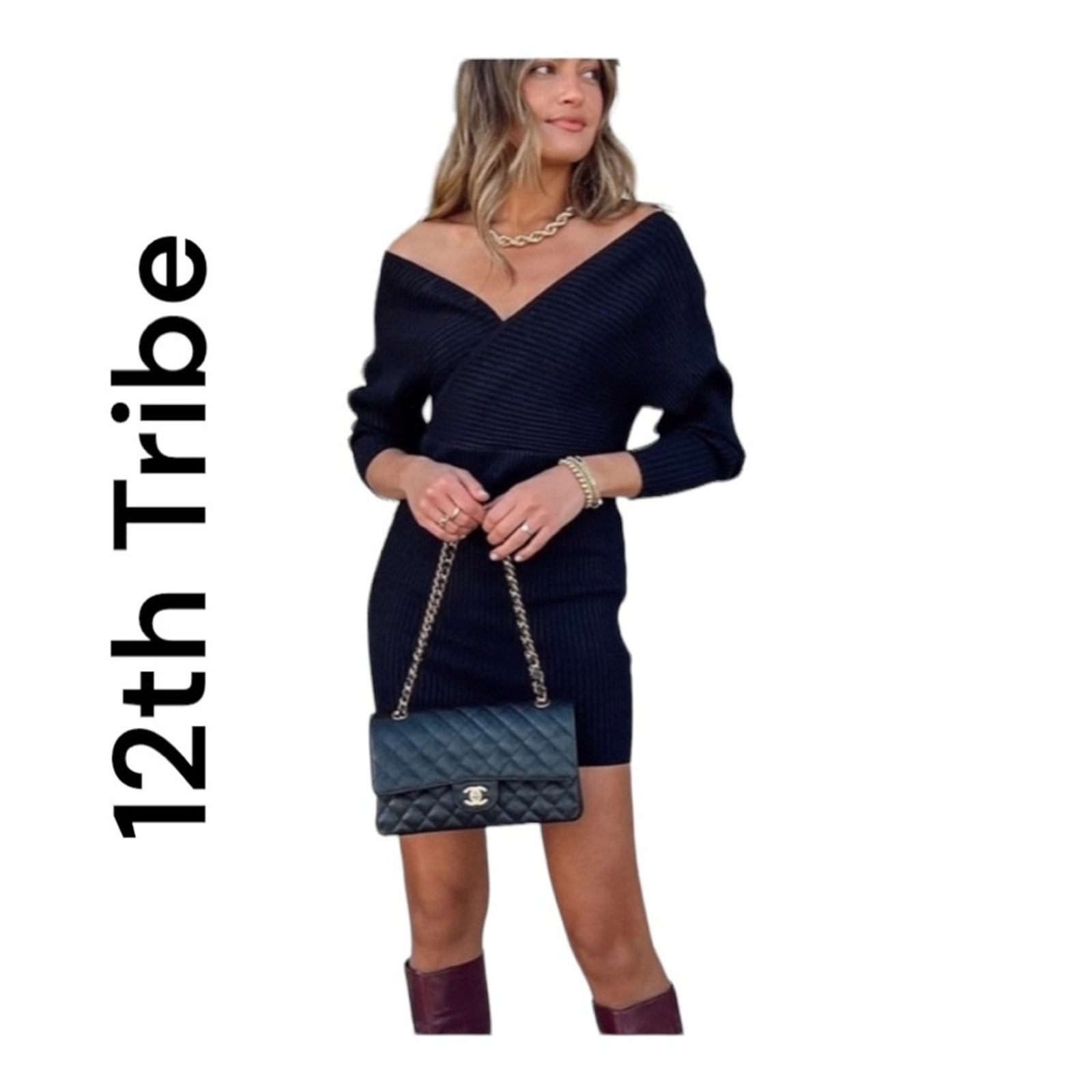 12th tribe womens large salty in the city black sweater mini dress v neck date r