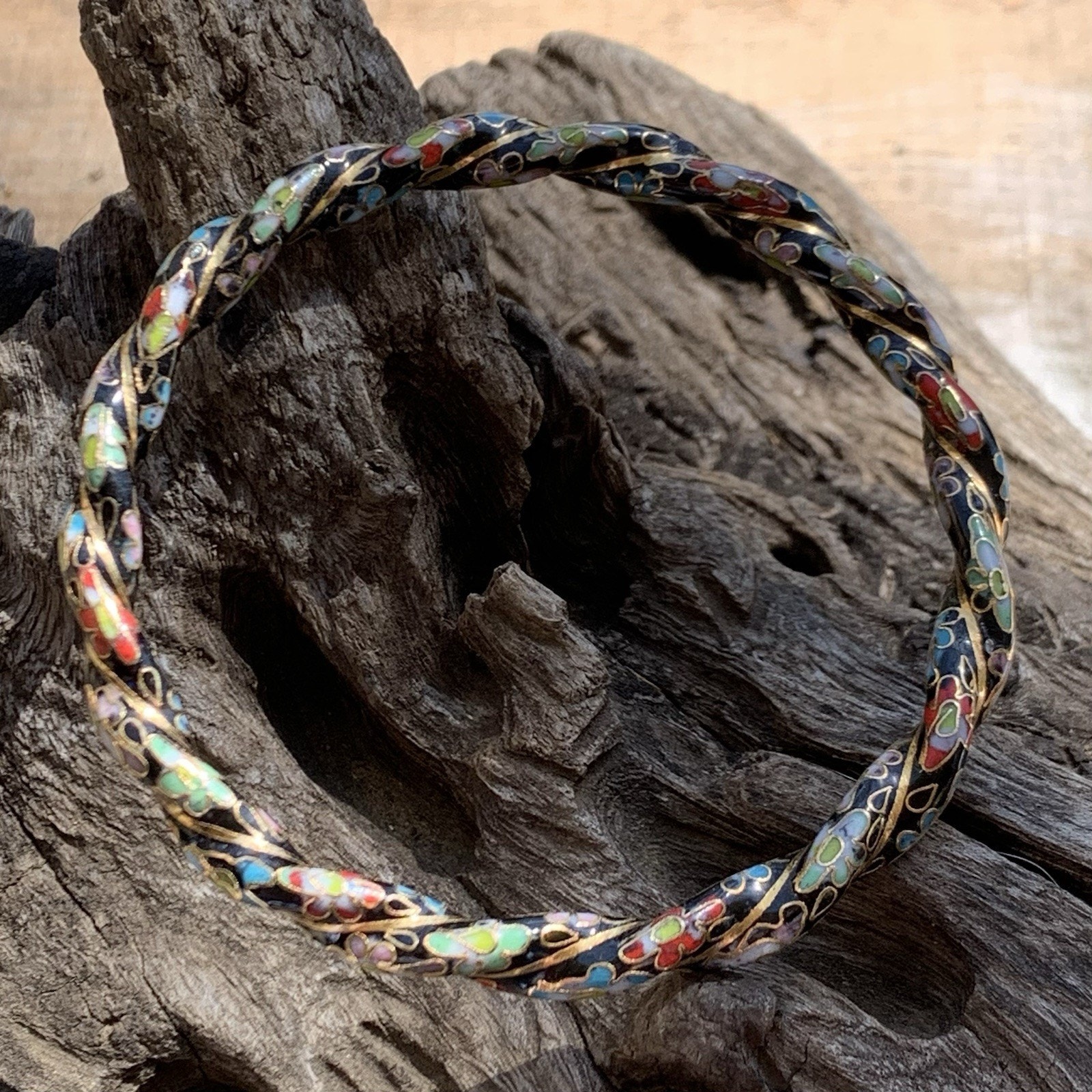 Multicolor Vintage Cloisonne Twisted Bangle with Floral Designs