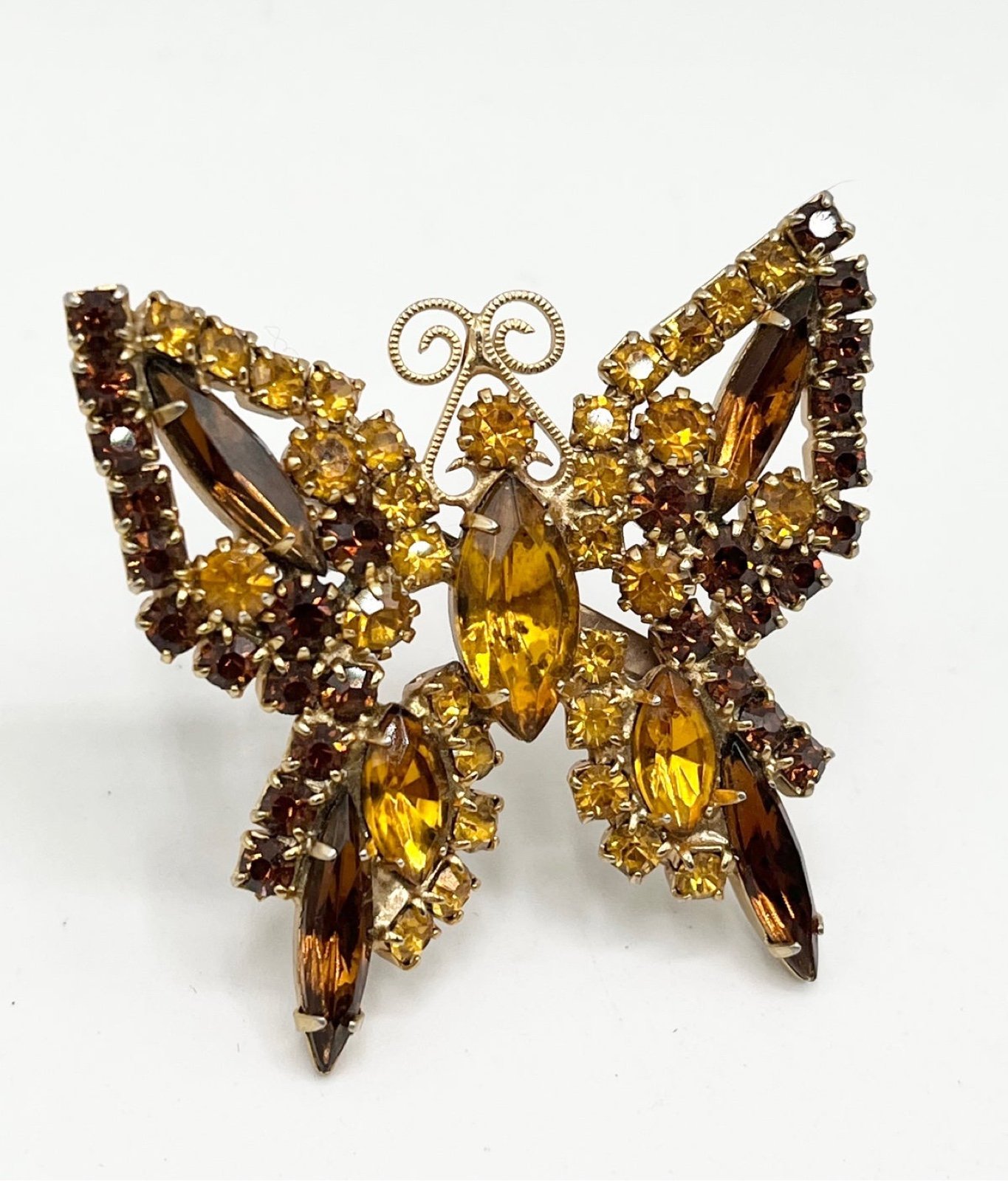 Vintage Brown Glass Rhinestone Butterfly Brooch Pin