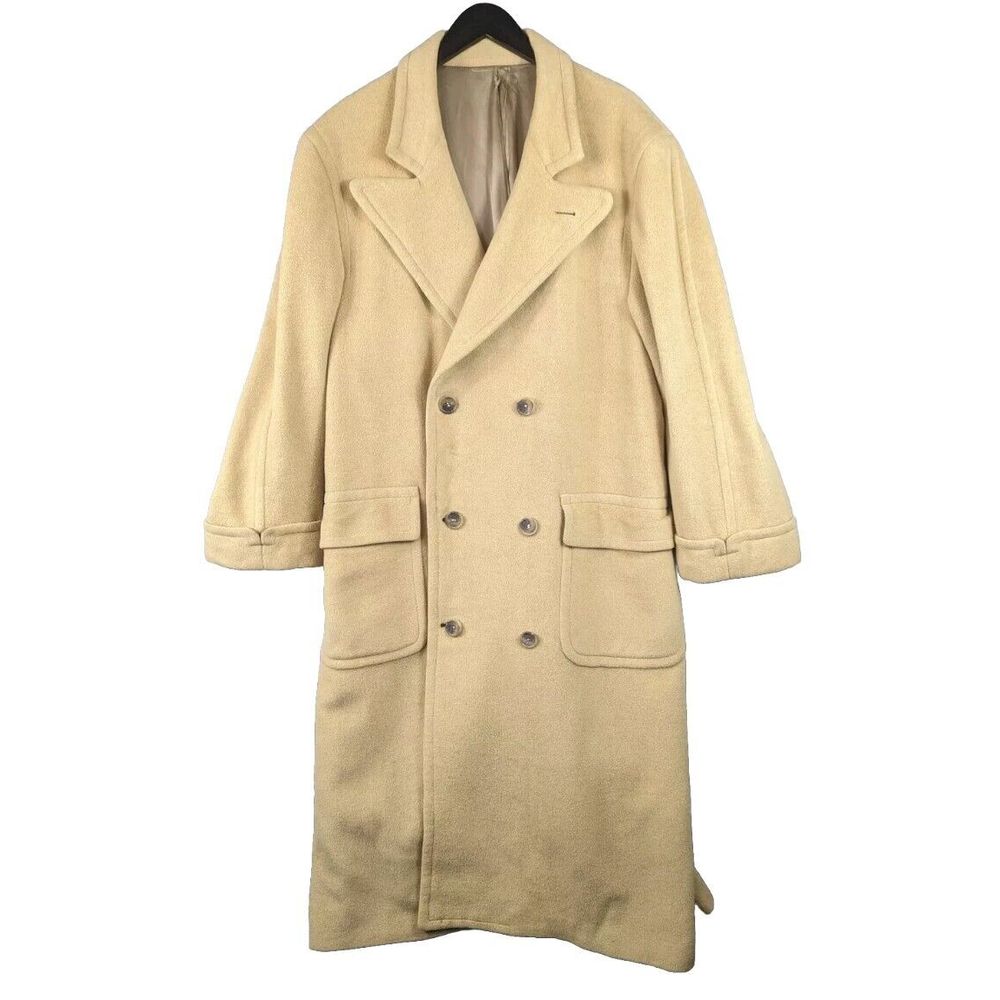 VTG Perry Ellis Coat Wool Double Breasted Camel Tan Cashmere? 80s 90s Sz 44 USA