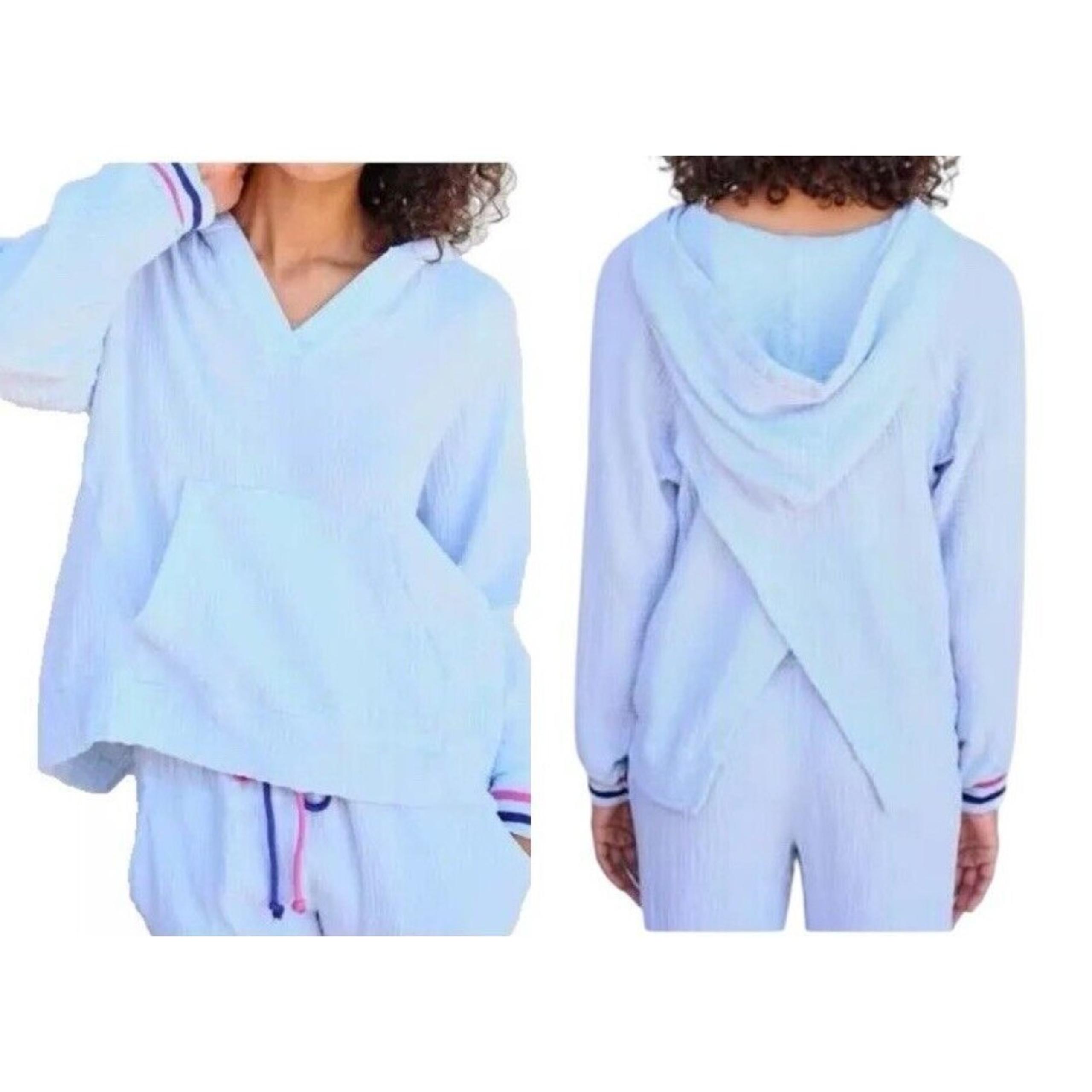 SUNDRY Split Back Popover Hoodie  Women's S  NWT  Blue Double Muslin Long Sleeve