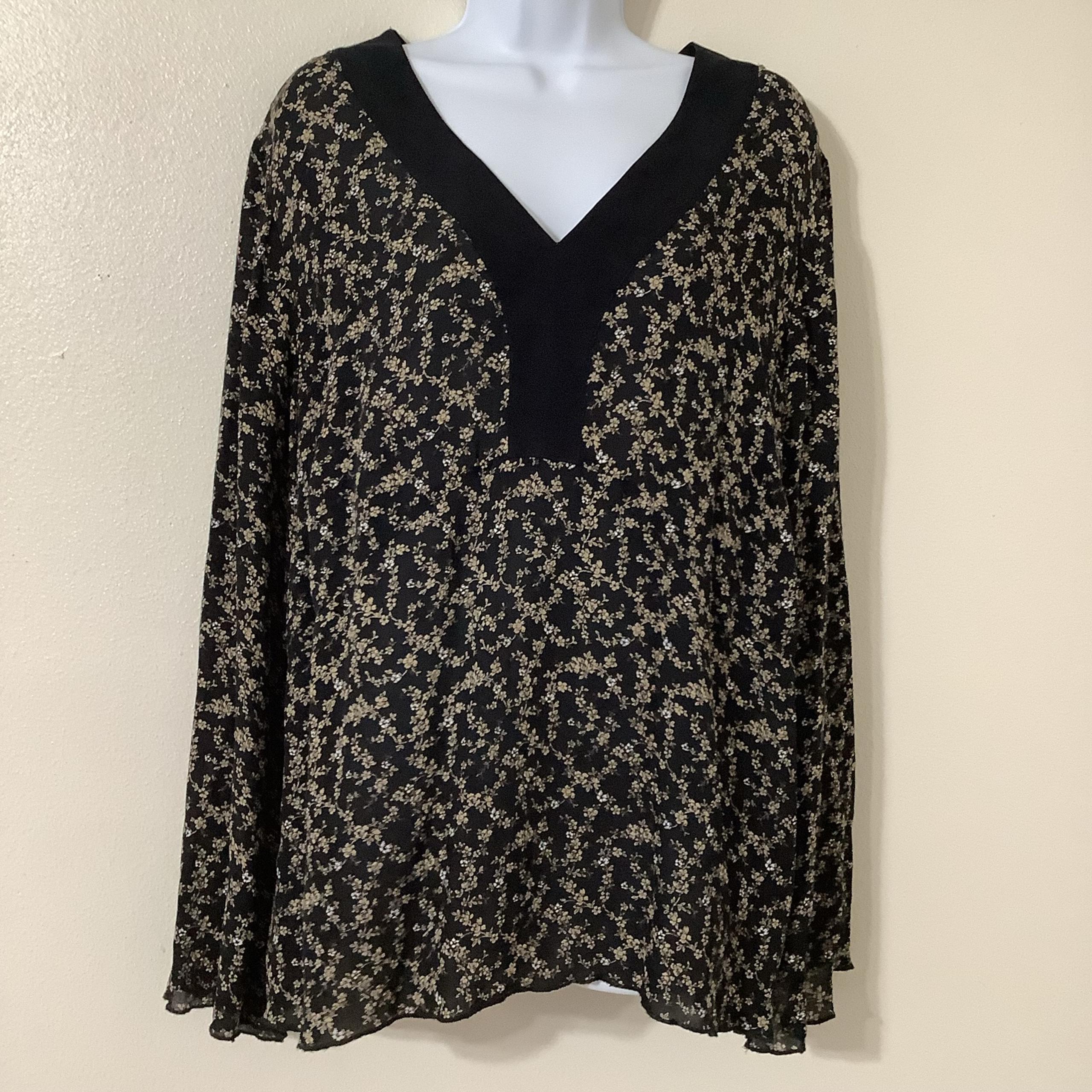 Lane Bryant Black Floral Whimsygoth Dark Cottagecore Flowy Silk Blouse 22/24