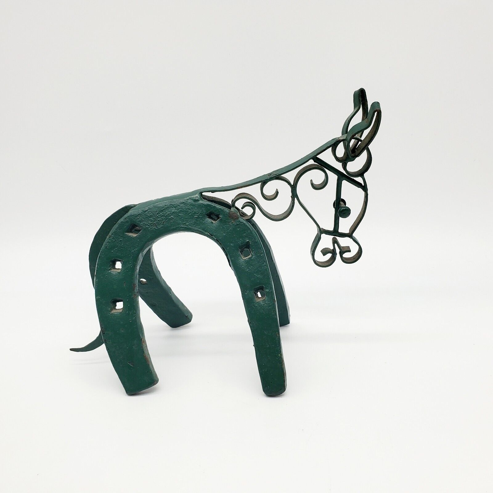 Green Metal Horseshoe Horse Sculpture