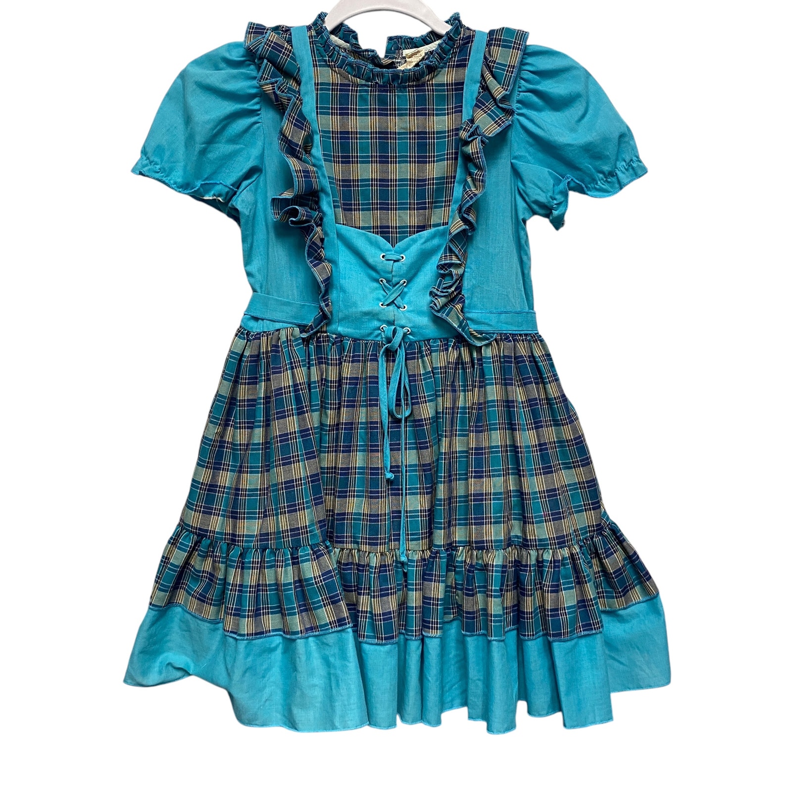 Vintage Rainbow Fashions Girls Size 8 Blue Plaid Renaissance Peasant Dress