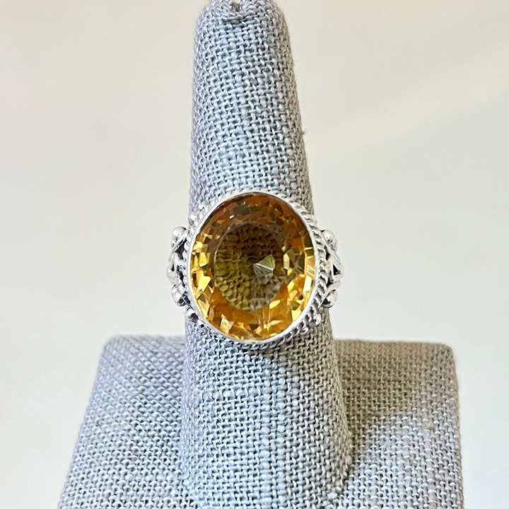 Sterling Silver 13.89ct Oval Citrine with Beaded Halo Bali Style Ring SR-4406