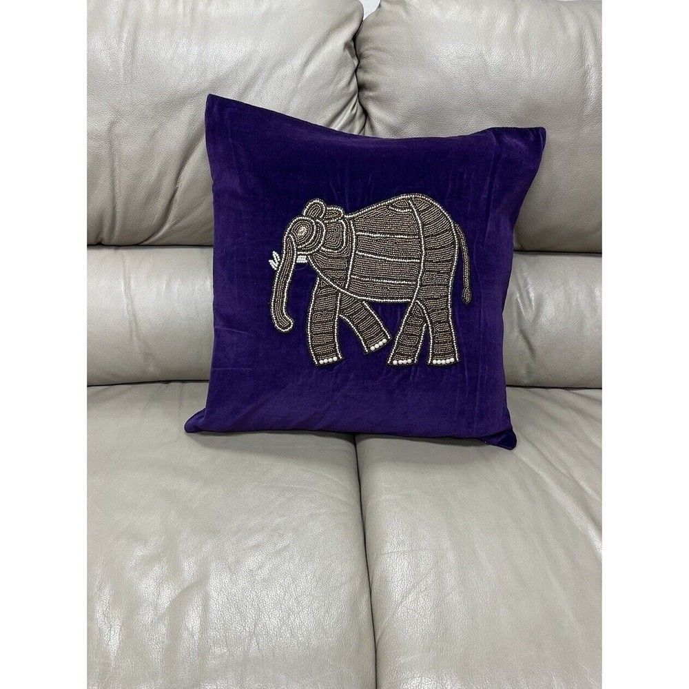 Decorative Embellished Pillow 18 X 18 In Purple Velvet Beads & Rhinestone