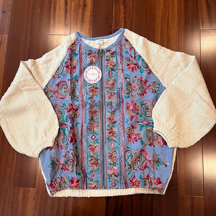 New NWT Umgee Blue Teddy Jacket Bomber Embroidered Boho Sweater Knit Size Small