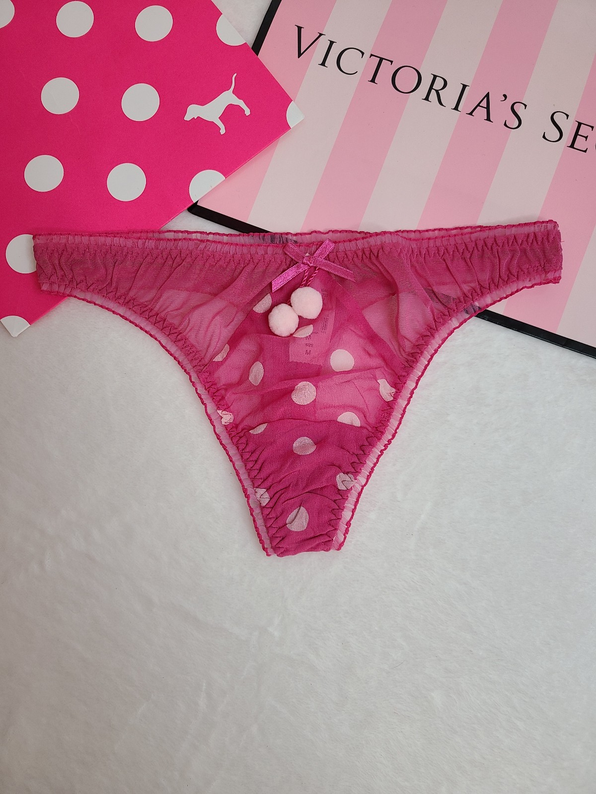 Rare VTG Victoria's Secret 100% Silk Polka-dot Pom-pom Thong Panty Size M Pink