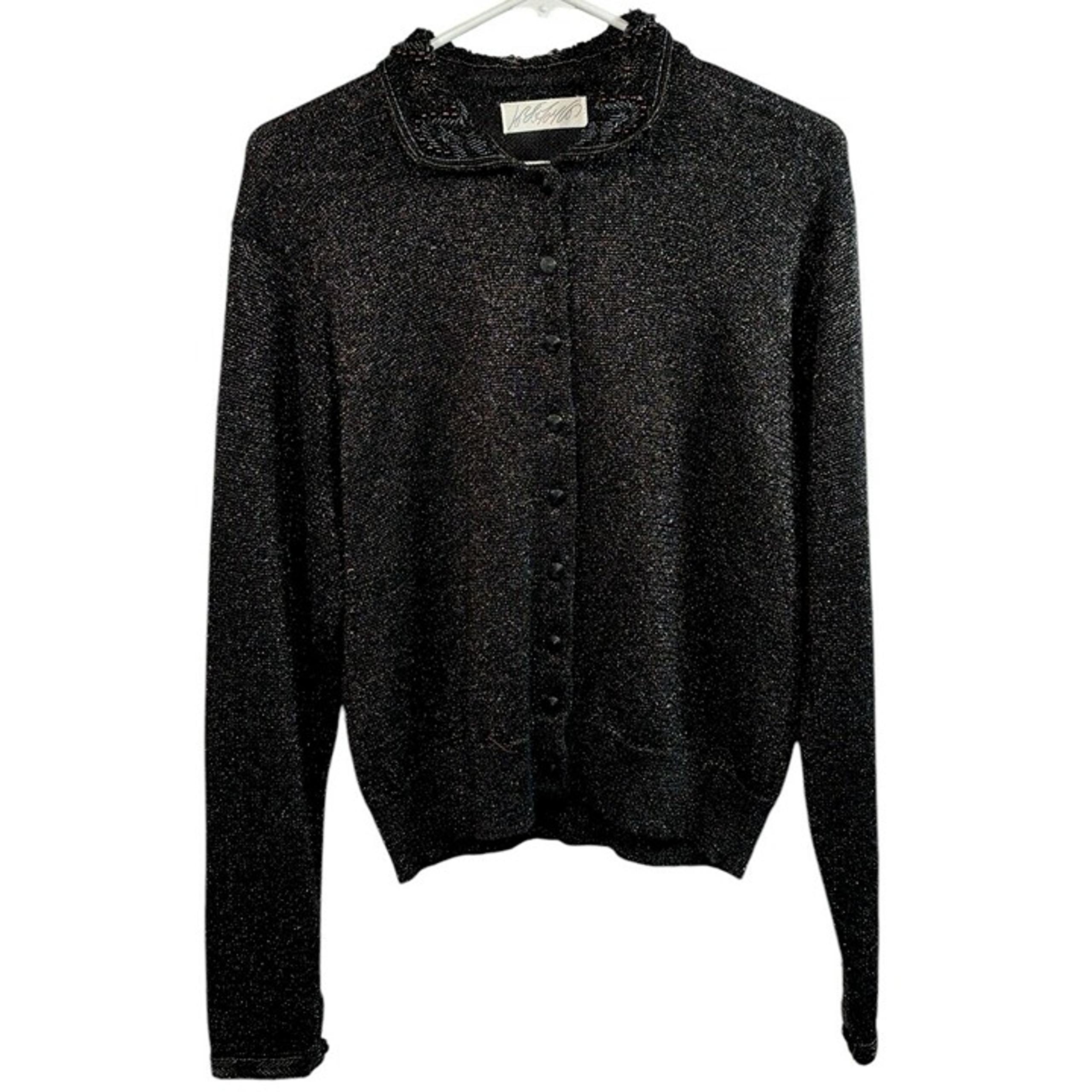 Vintage Lord & Taylor Cardigan Women M Black Metallic Wool Blend Beaded Sweater