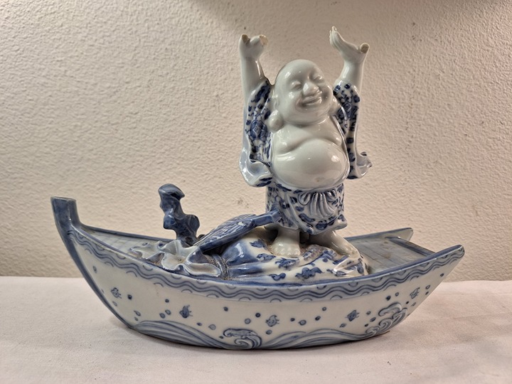 Rare! Japan Blue & White Porcelain Happy Laughing Buddha Budai on Boat Sculpture