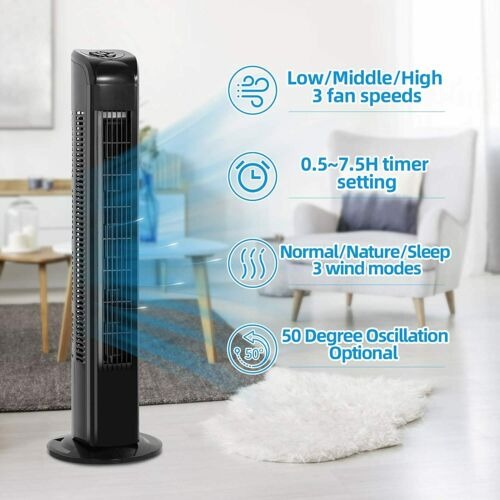 Portable 30 Black Oscillating Standing Tower Fans w/Remote Control Bladeless