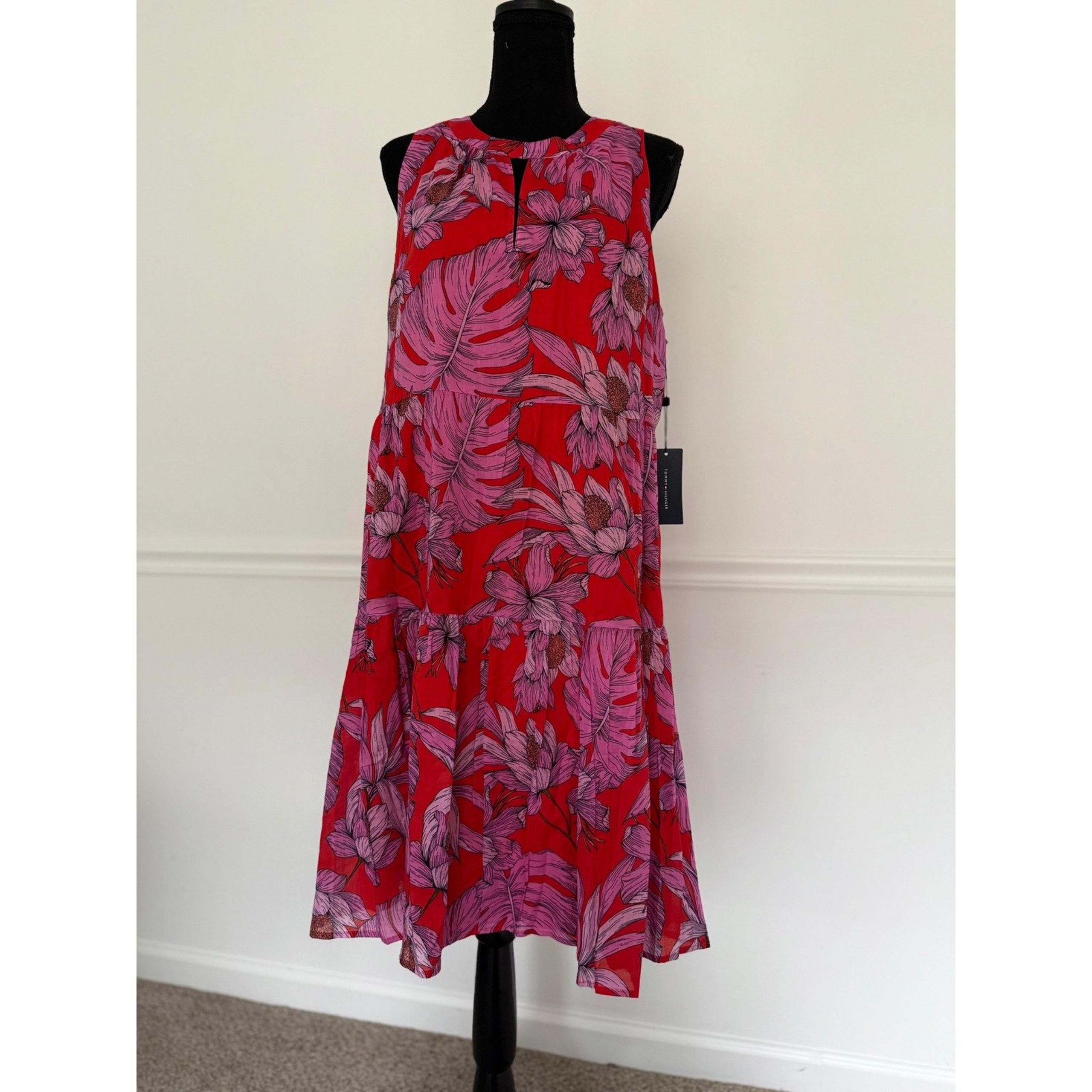 New Tommy Hilfiger midi Dress Floral Print Sleeveless Casual Red Pink Size 8