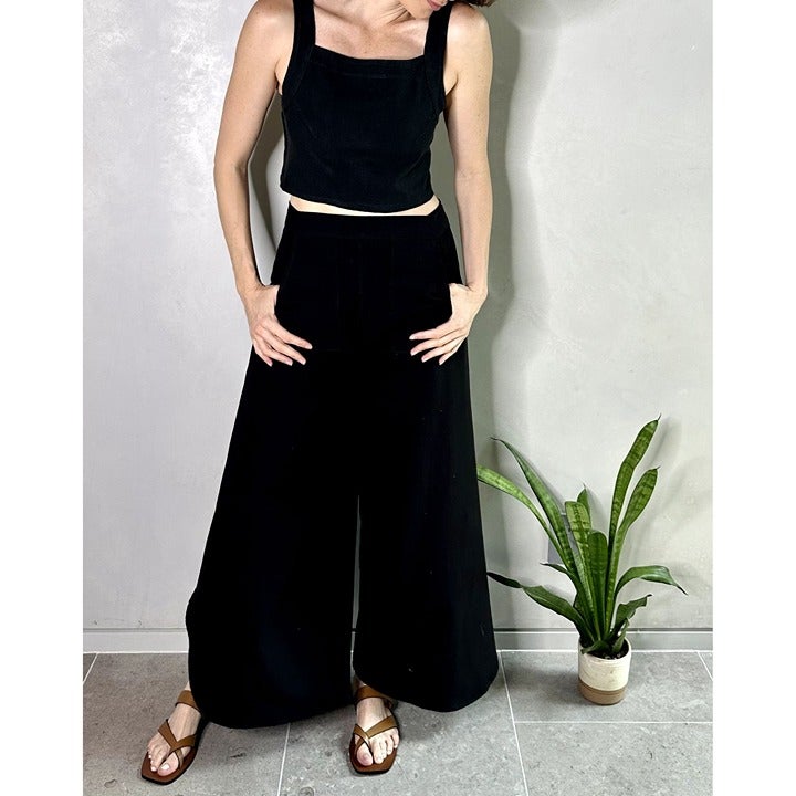 Black Cotton Linen Side Split Trousers