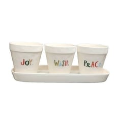 Rae Dunn Set of 3 White Red Joy Wish Peace Ceramic Planters on Platter