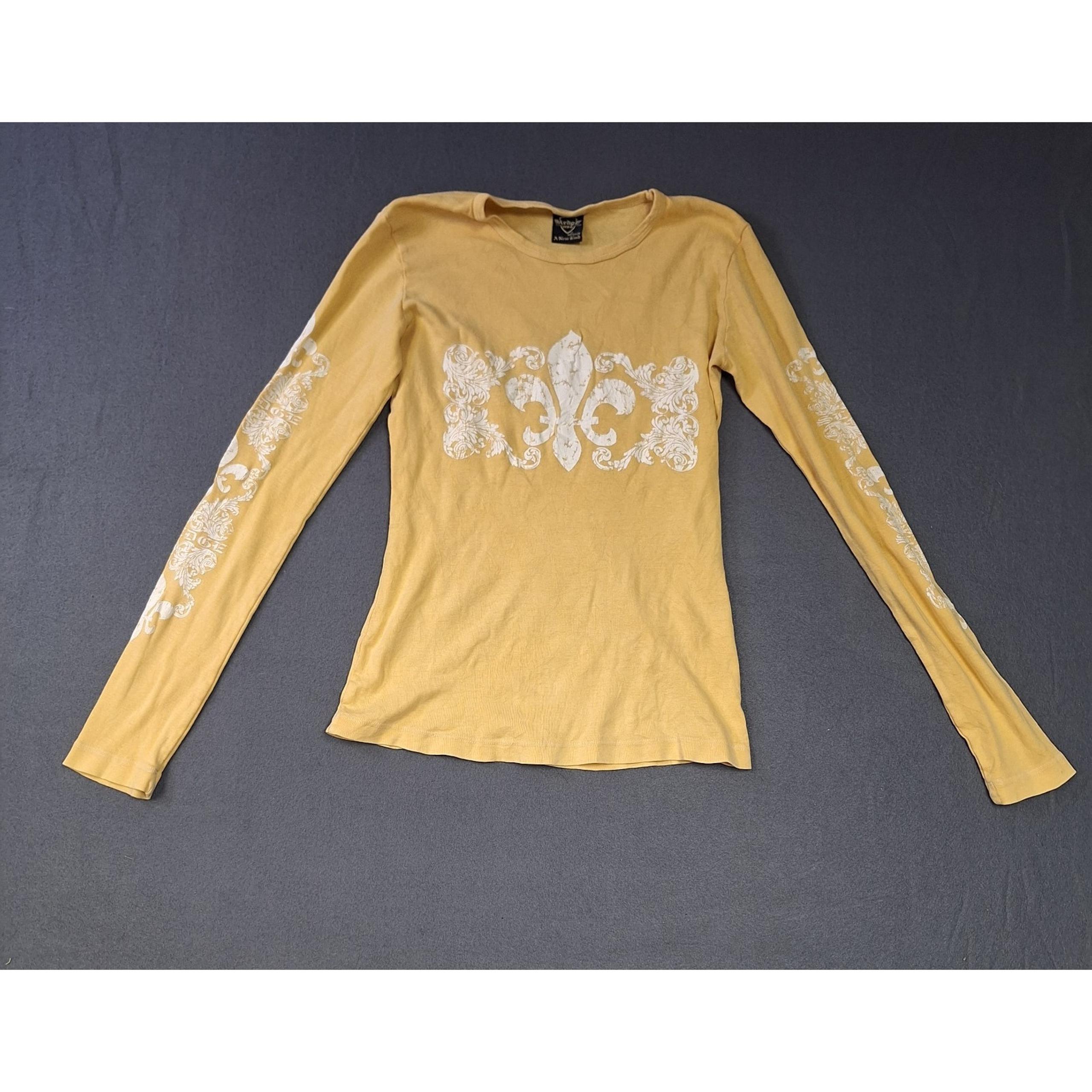 Sledge USA Long Sleeve Y2K 90's Butter Yellow Fleur De Lis White Printed Medium