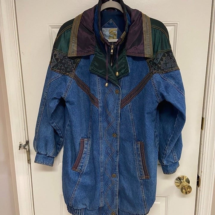 VTG currentseen Women Long Denim Jacket SMALL Blue 80s Leather Iridescent Retro