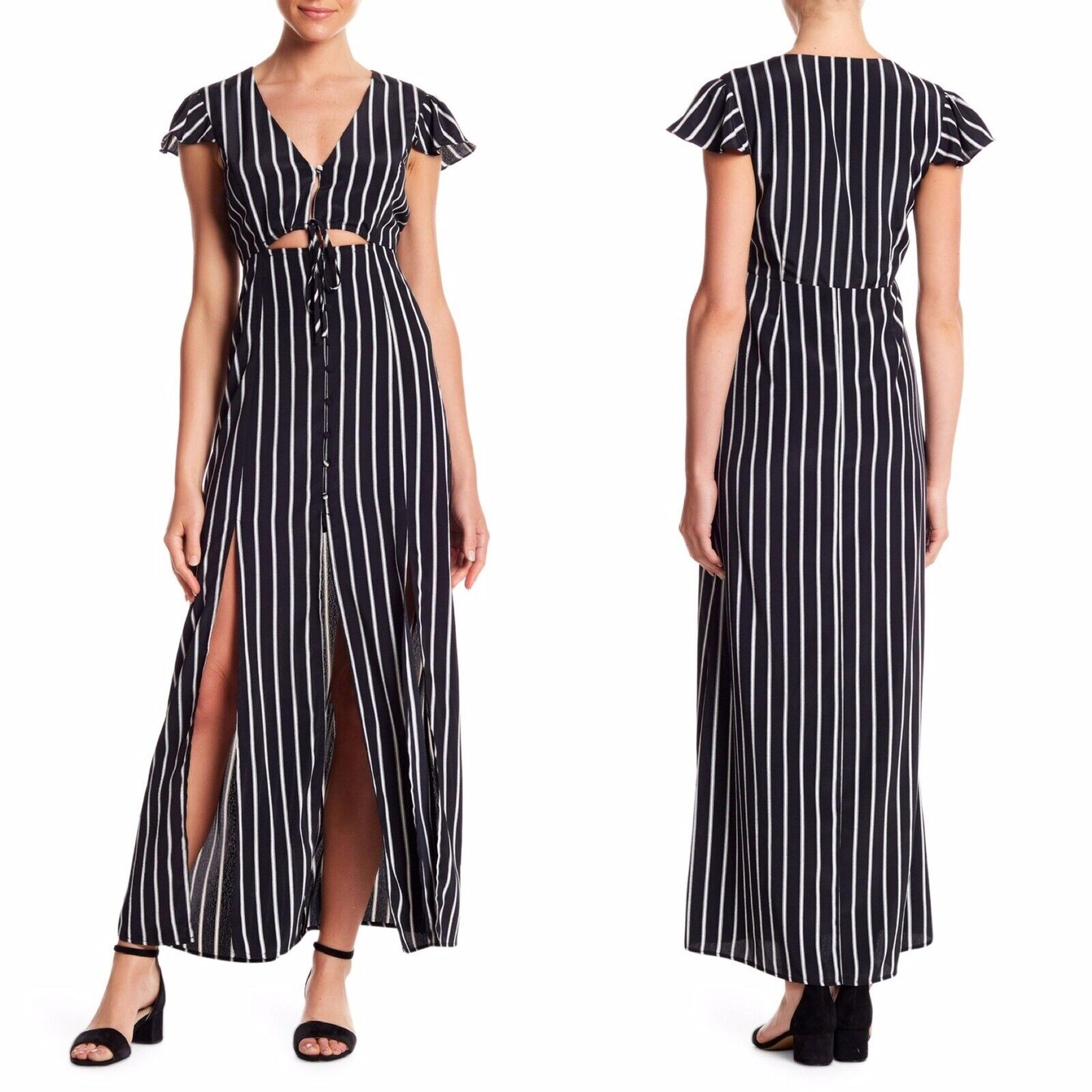 Honey Punch Women S Dress Black White Maxi Striped Slits Cut Out V Neck