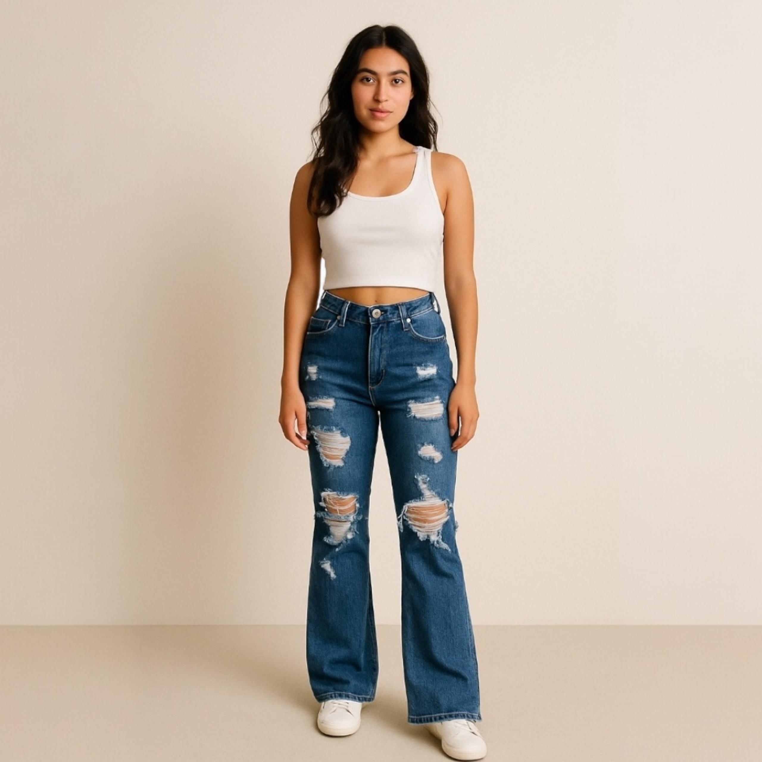 Shein Womens Flare Blue Jeans Ripped Petite Medium