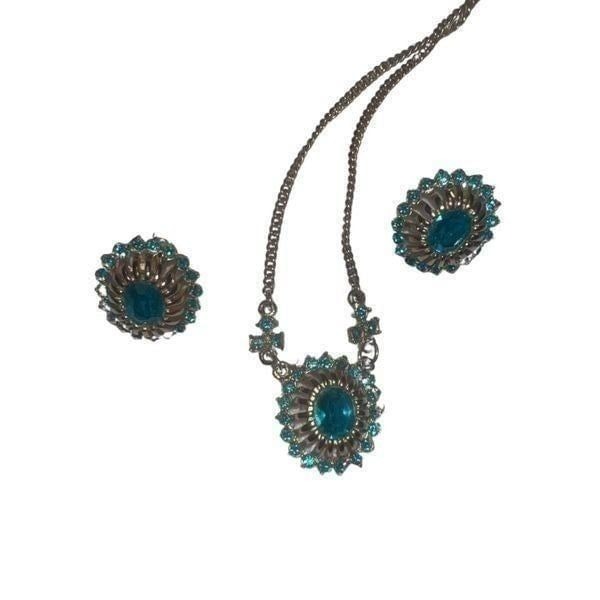 Vintage 1950s Blue Rhinestone Jewelry Matching Earrings & Necklace Costume Jewe