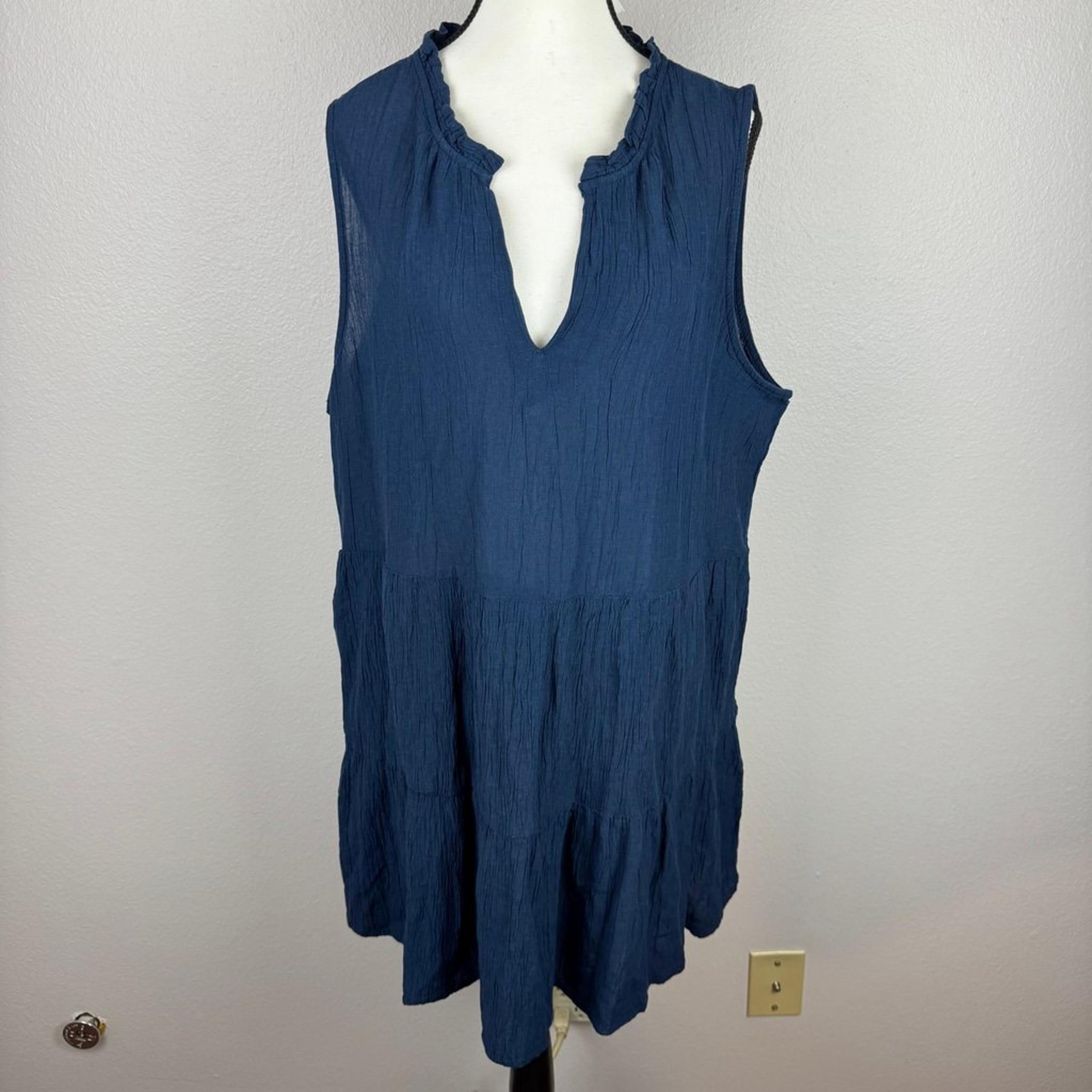 Gap Women's XL Blue Linen Blend Crinkle Tiered Sleeveless Tunic Swing Dress NWT