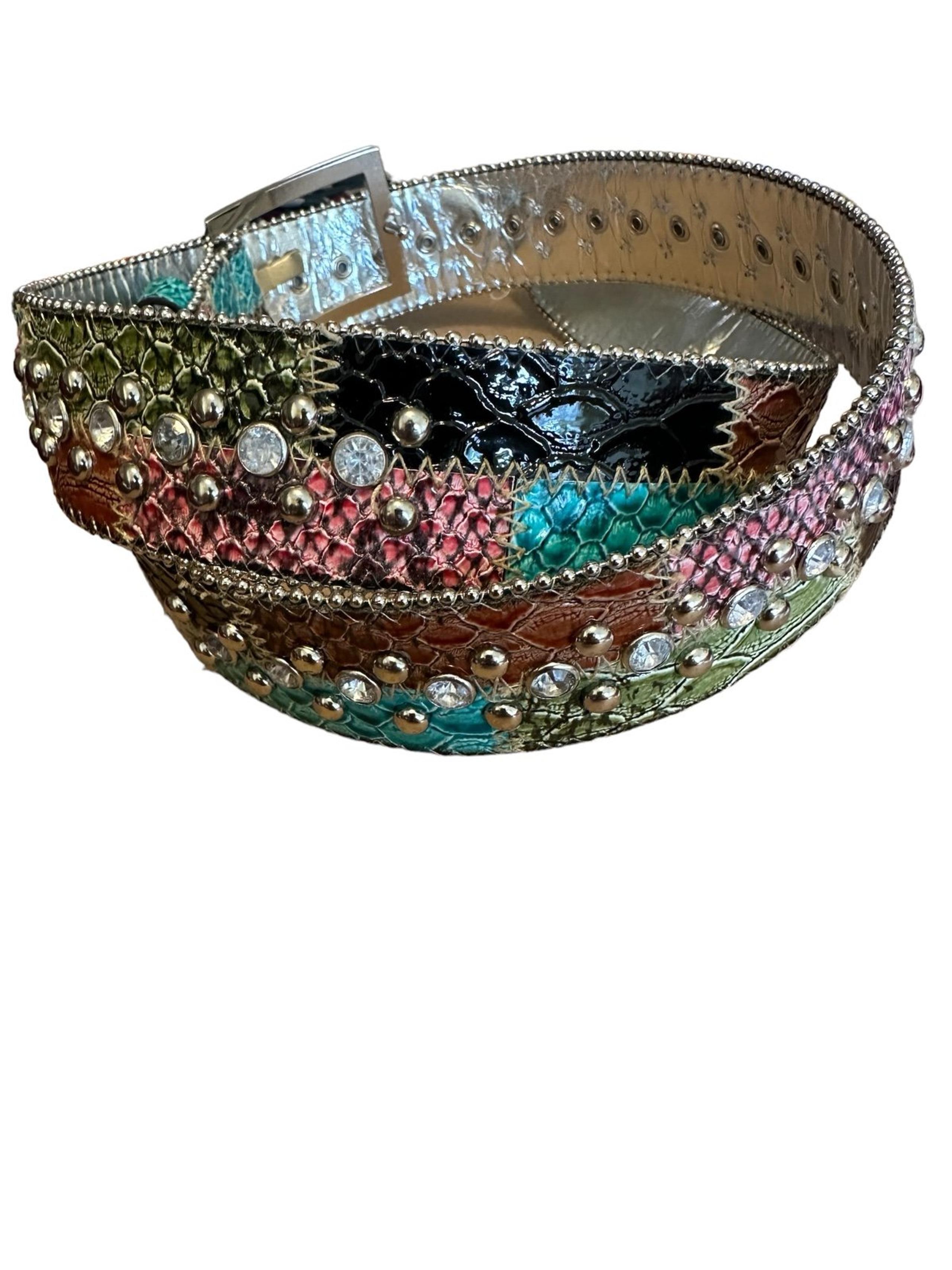 Women’s Guess Faux Leather Reptile Print Boho Rhinestone Belt Med