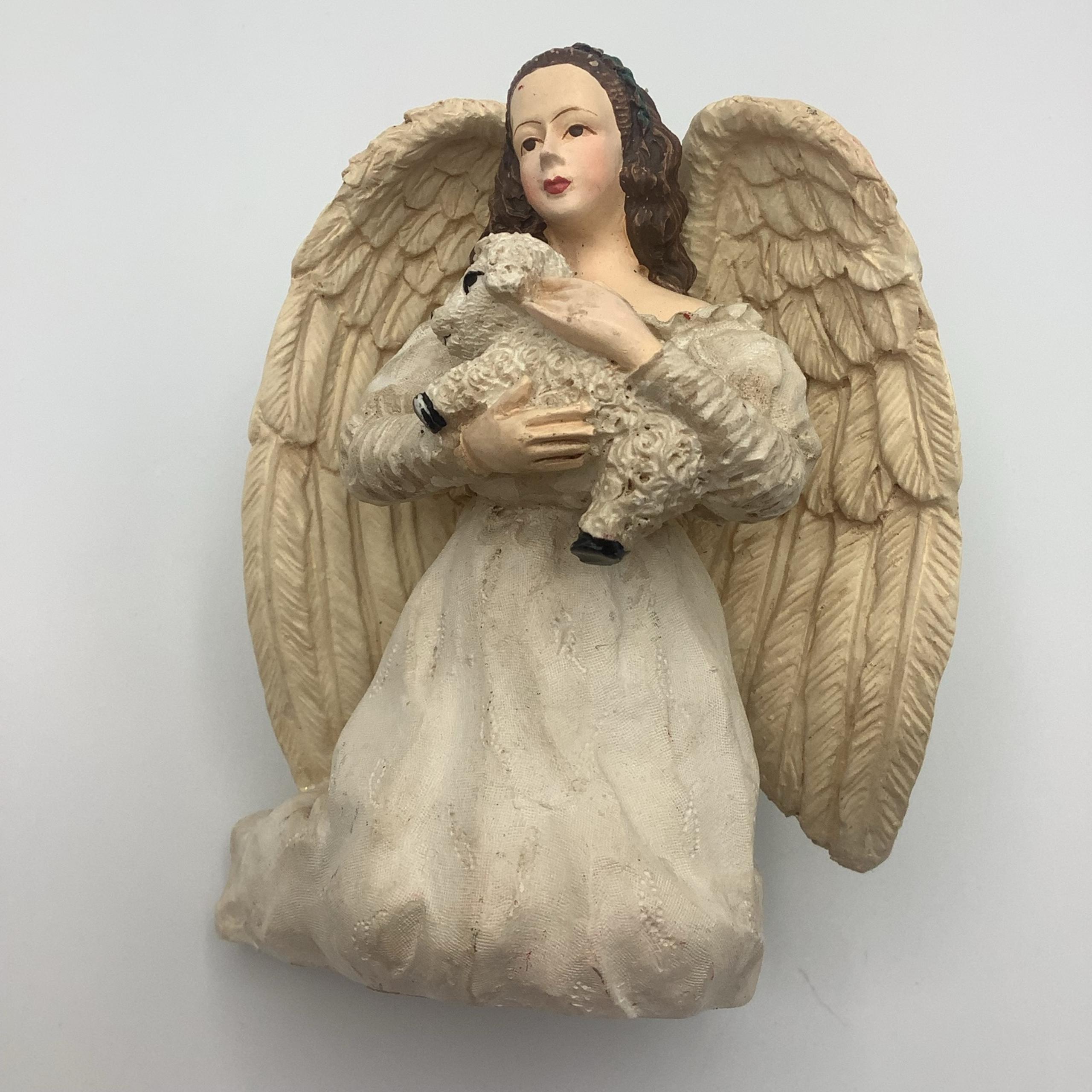 Vintage BrownHair Angel With Beautiful Wings Kneeling Holding Lamb Candle Holder