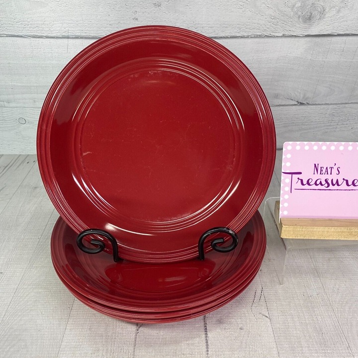 Mainstays RAINFOREST RED Embossed Ring Stoneware 10.75 Dinner Plates Set of 4