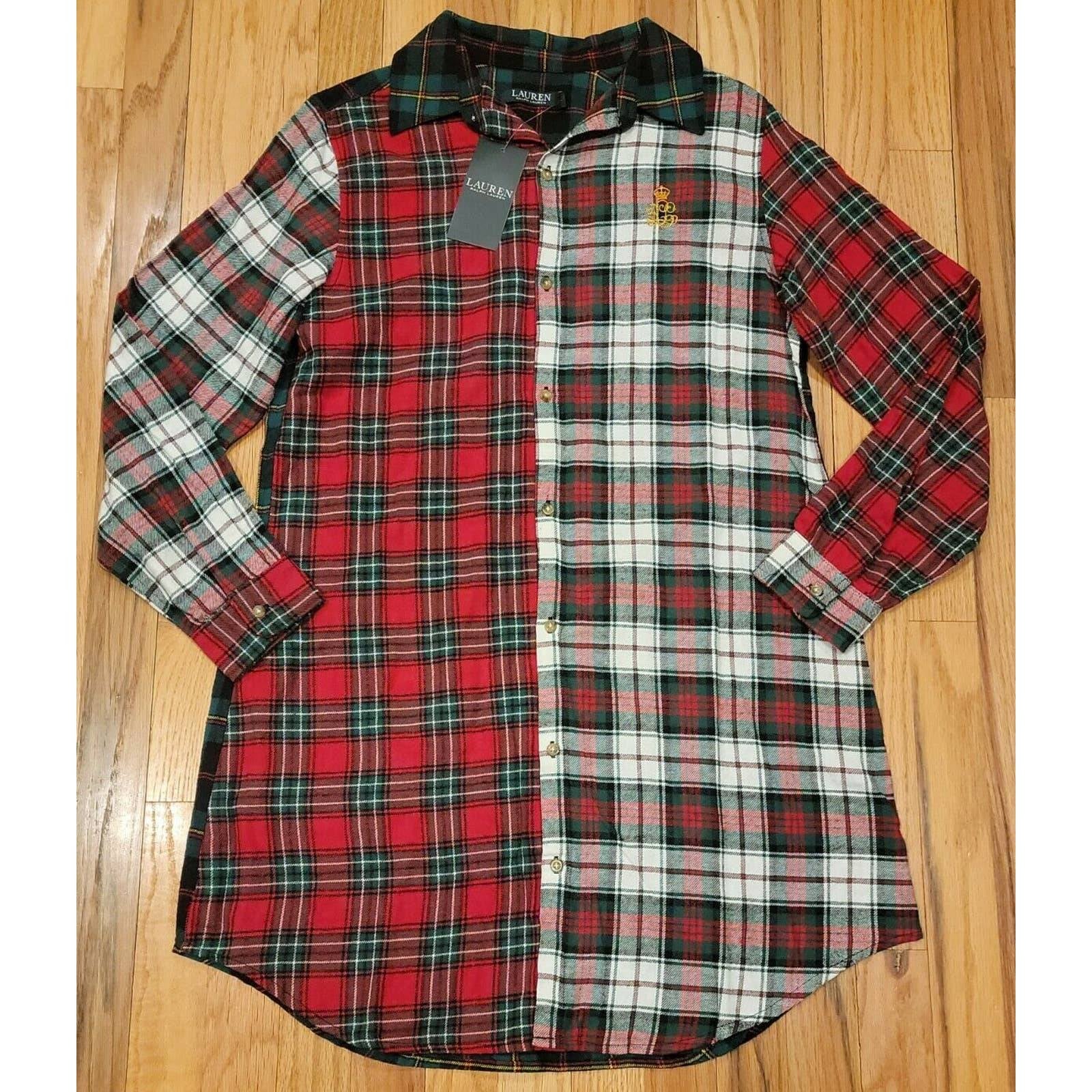 Lauren Ralph Lauren Womens Crescent Logo Plaid Button Down Pajama Shirt Size S