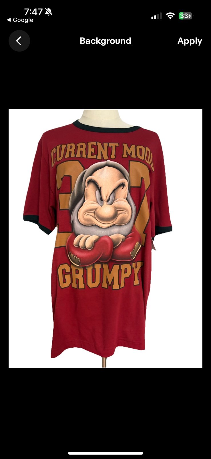 Disney Men’s Graphic Medium Red T-Shirt Current Mood Grumpy Crew, new with tags,