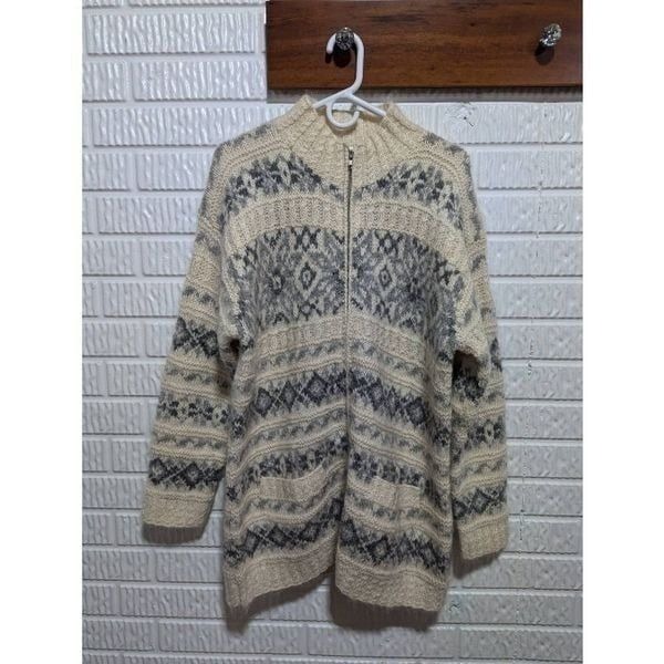 Jones New York Women's Cream & Blue Patterned Soft Wool Front-Zip Mohair Blend S