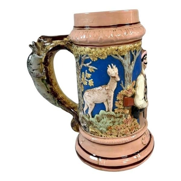 Vintage Ceramic Beer Stein w/ Deer & Hunter Design Signed Forest Elizabeth 1969