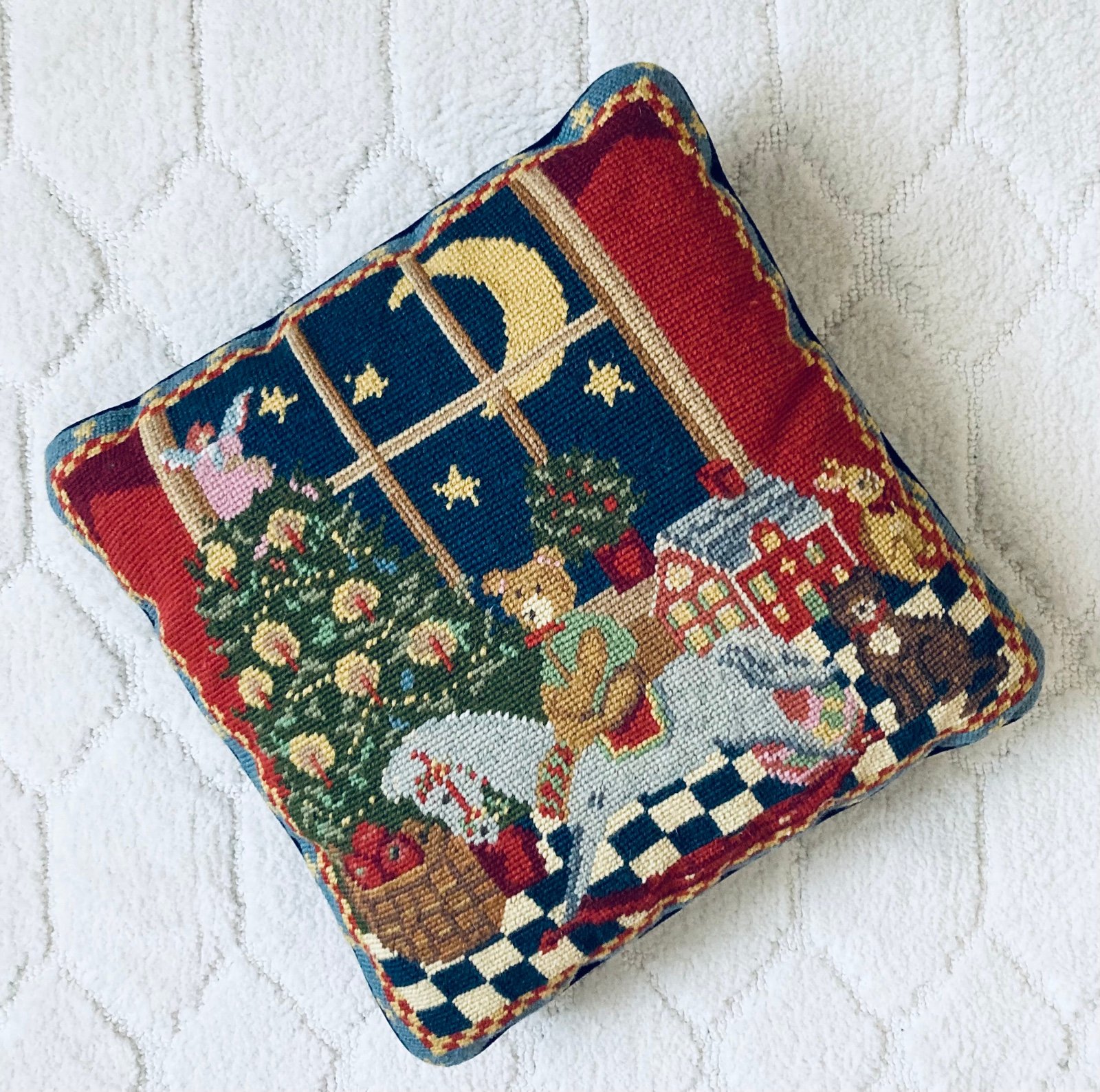 Christmas Bear Rocking Horse Moon Stars Needlepoint Throw Pillow - 12x12