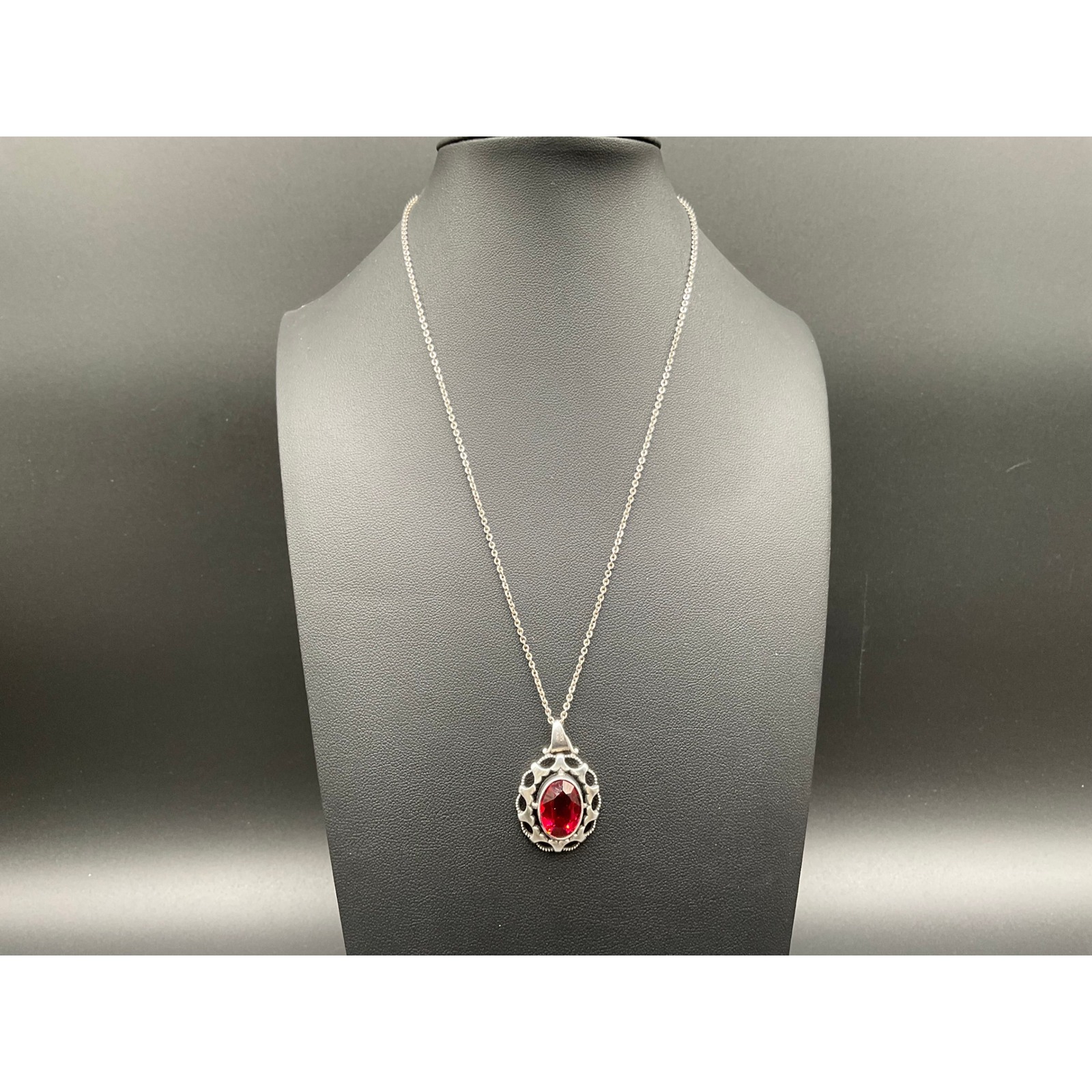 Vintage Andreas Daub 835 Silver Pendant Necklace Red Faceted Glass Stone Germany