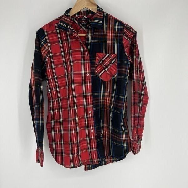 J Crew Top Size 6 Womens Red Black Button Front Mix Stewart Tartan Plaid Poplin