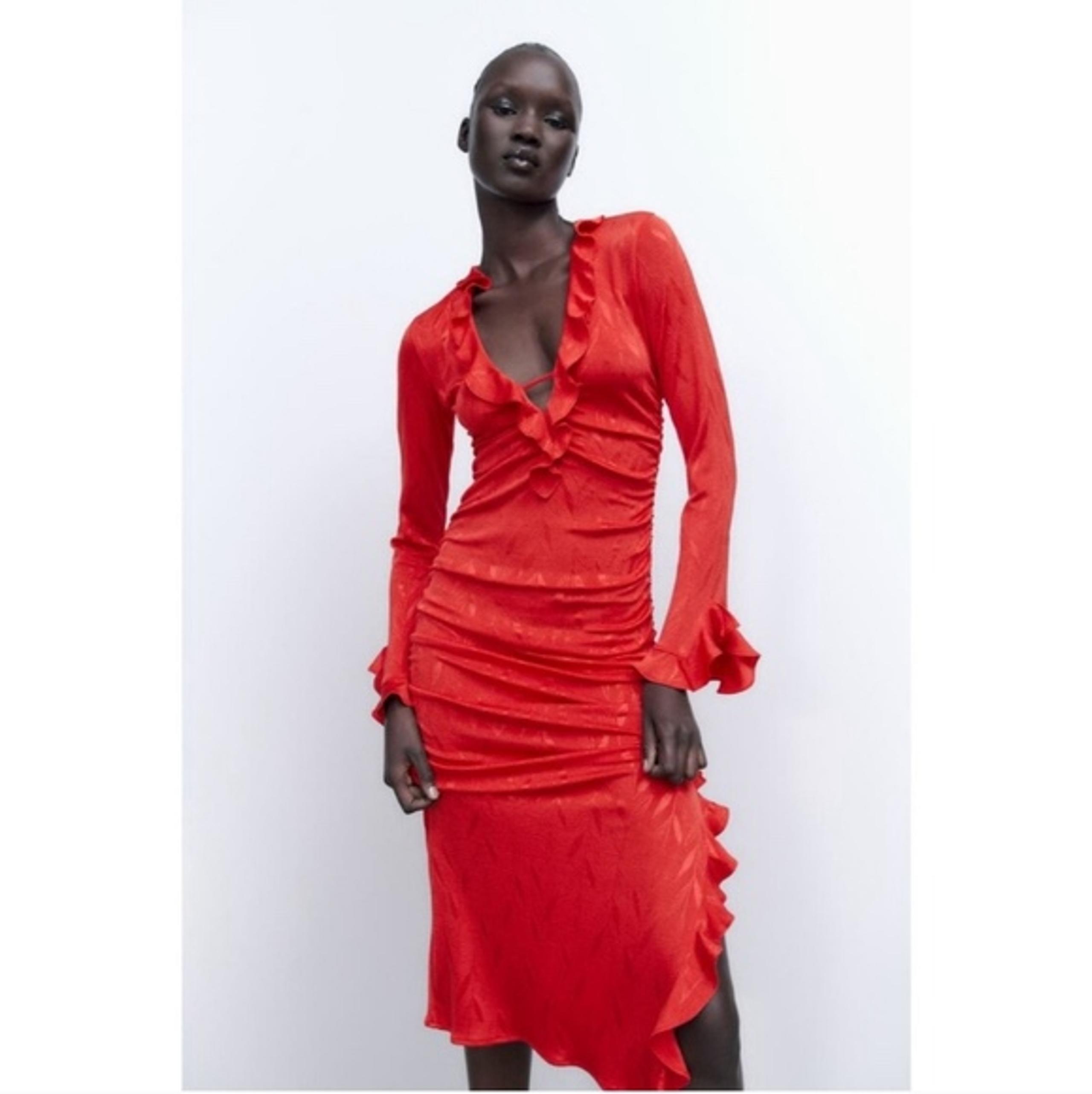 Zara Red Jacquard Long Sleeve Ruffled Plunging Thigh Slit Women Dress medium