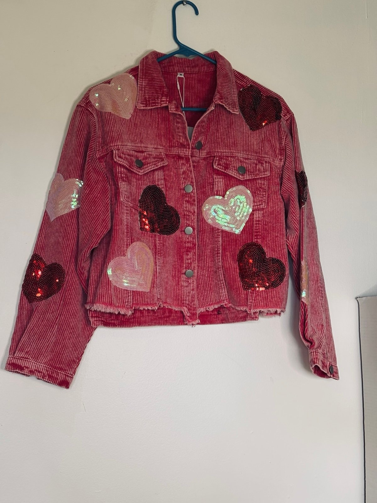 Pink light corduroy button down corduroy sequin hearts raw hem shacket M NEW