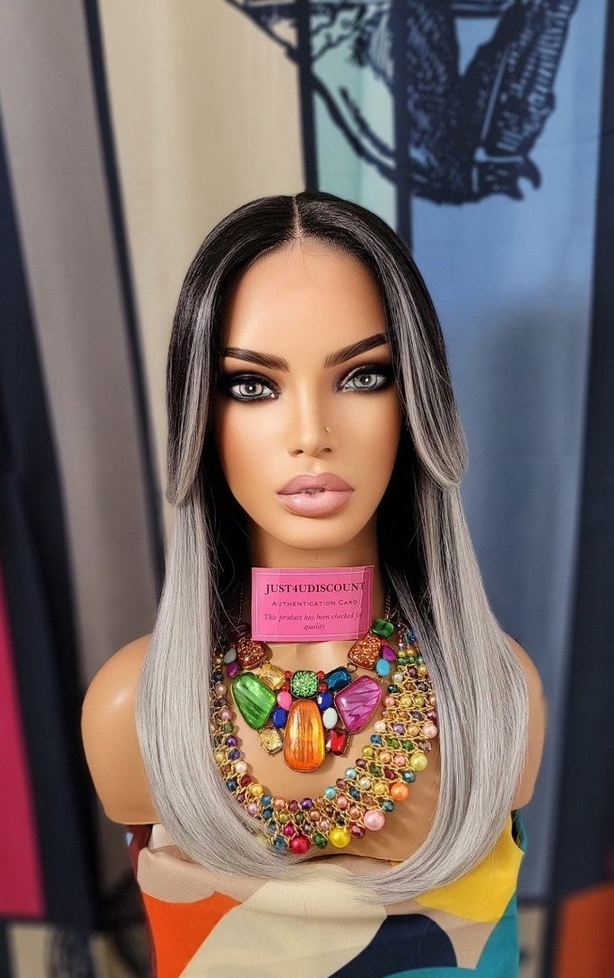Celebrity black straight lace wig with gray highlights h.d lace