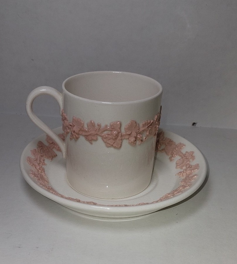 Rare Wedgwood Embossed Queens Ware Pink Grapes Coffee/ Tea Mug/ Cup And Saucer
