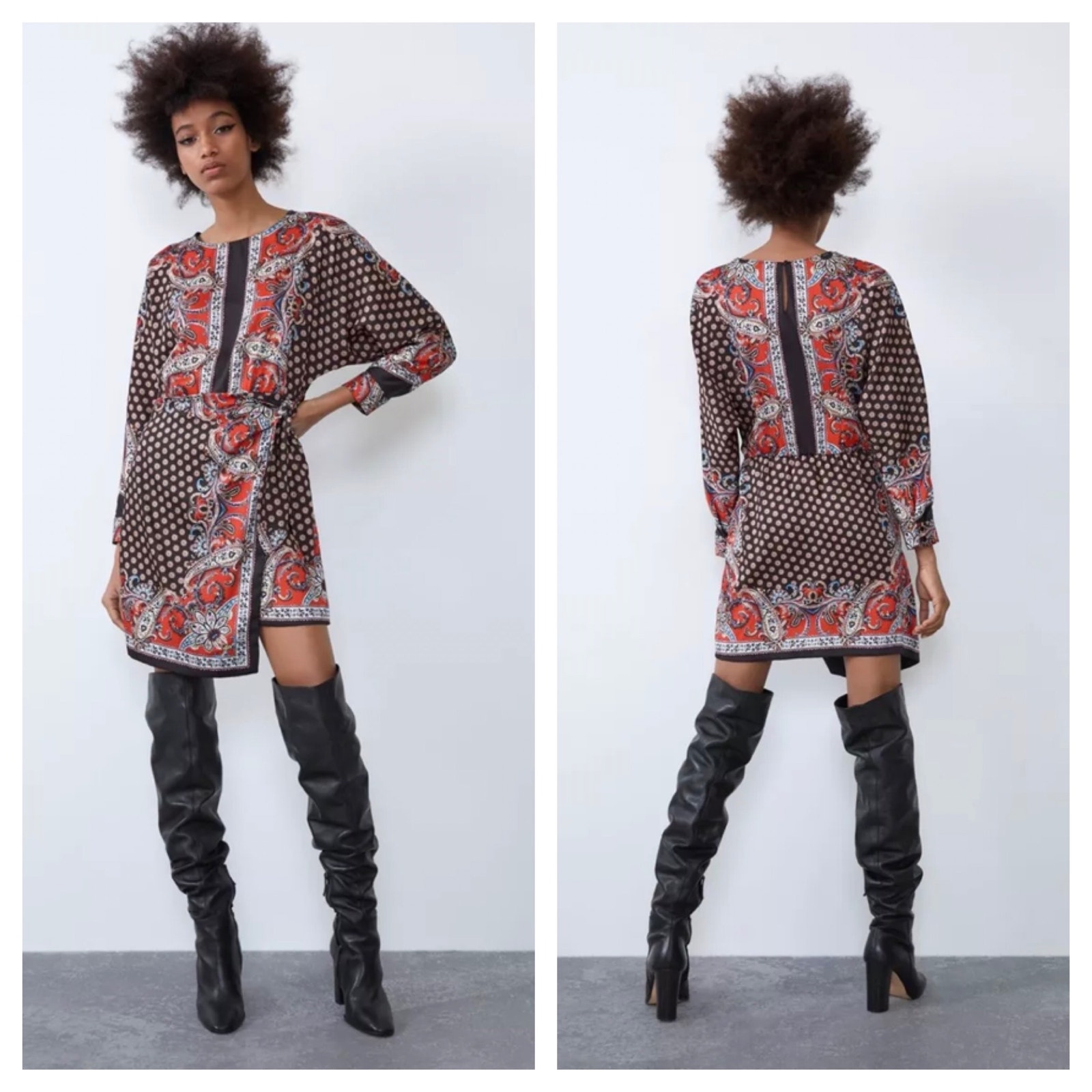 Zara Paisley Scarf Print Satin Faux Wrap Mini Dress Small Dolman Sleeve Jacquard